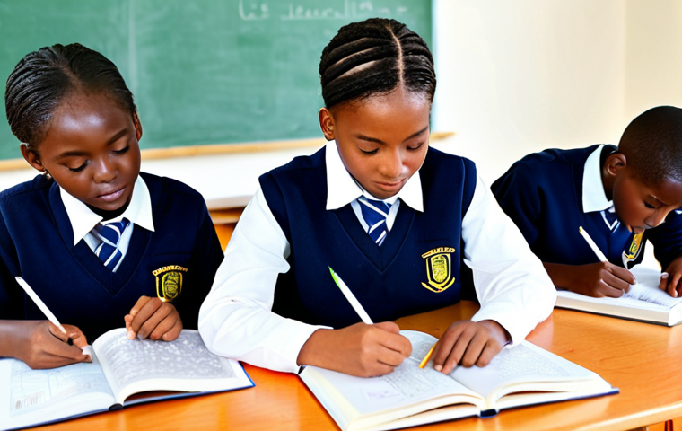 **
A diverse group of African students in a modern classroom, fully clothed in school uniforms, studying books written in both English and local languages. Bright, educational setting with maps and learning materials visible. Safe for work, appropriate content, family-friendly, professional illustration, perfect anatomy, correct proportions, natural pose, well-formed hands, proper finger count. Focus on the importance of education and bilingualism.
**