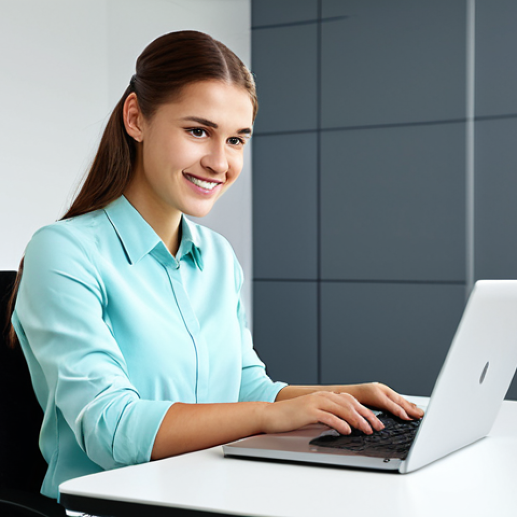 **
"A professional young woman, fully clothed in a modest business casual outfit, working on a laptop in a bright, modern office setting. She has a friendly and approachable expression. Safe for work, appropriate content, professional, perfect anatomy, correct proportions, natural pose, well-formed hands, proper finger count, natural body proportions, high quality."
**