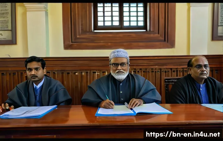 법률 영어 표현 - A detailed courtroom scene in Bangladesh featuring a diverse group of Bengali people engaged in a le...