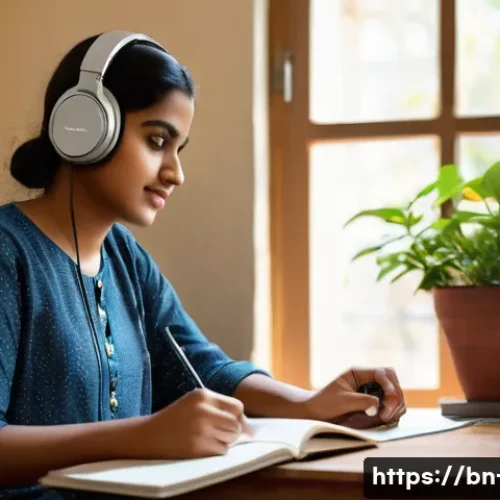 영어 학습에서 주의할 점 - A young Bengali woman sitting comfortably in a cozy room filled with books and a laptop, attentively...
