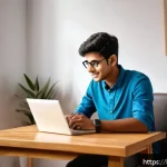 영어 코칭 프로그램 추천 - A modern digital learning environment featuring a young Bengali man using a smartphone and laptop si...