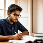 영어로 생각하는 연습법 - A thoughtful young Bengali man sitting at a cozy desk in a warmly lit room, practicing English think...