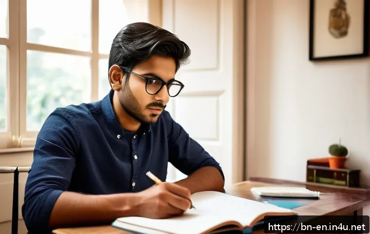 영어로 생각하는 연습법 - A thoughtful young Bengali man sitting at a cozy desk in a warmly lit room, practicing English think...
