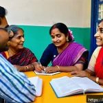 영어 학습 커뮤니티 활용 - A vibrant English learning community scene featuring diverse Bengali-speaking adults actively engagi...