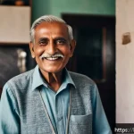성인 영어 학습 전략 - A warm and inviting home setting with an elderly Bengali man practicing English conversation aloud, ...