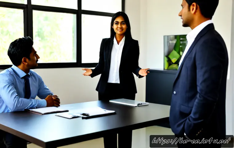 영어권 문화에서의 바디랭귀지 - Photorealistic multicultural office meeting showing English-speaking workplace body language, a conf...